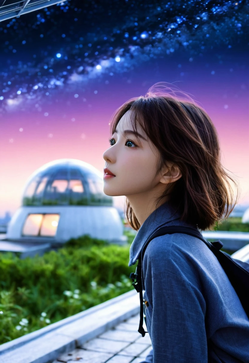 best quality, masterpiece, Extremely detailed, Detailed background, Japanese cartoons, 1 Girl, Young Girls, Short Girl, Science Fiction, Science Fiction小说, outdoor, night, Starry Sky, greenhouse, Megastructures, Bio Dome, landscape, wind景, horizon, roof, sitting on roof, wind, Look away, Atmospheric lighting, Focus only, close up, from the side, Depth of Field, Bokeh