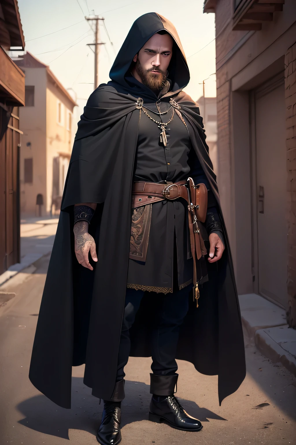 ((best quality)), ((masterpiece)), (detailed), Prize-winning works, with incredible details, maximum textures and details, cloak and hood ,1 A Murderous Man ,black clothing dress , roupas com cloak and hood negros ,(40 year old killer mature man:1.1,detailedeyes, face detailed, whole body:1.1,the background is a desert ),(best qualityer:1.2,ultra detali:1.1,realisitic:1.37),urban decay style,eyeshadows,hidden identity,sharp focus,swirly vibrant colors,moonlights), (twilight), (natta), 8K