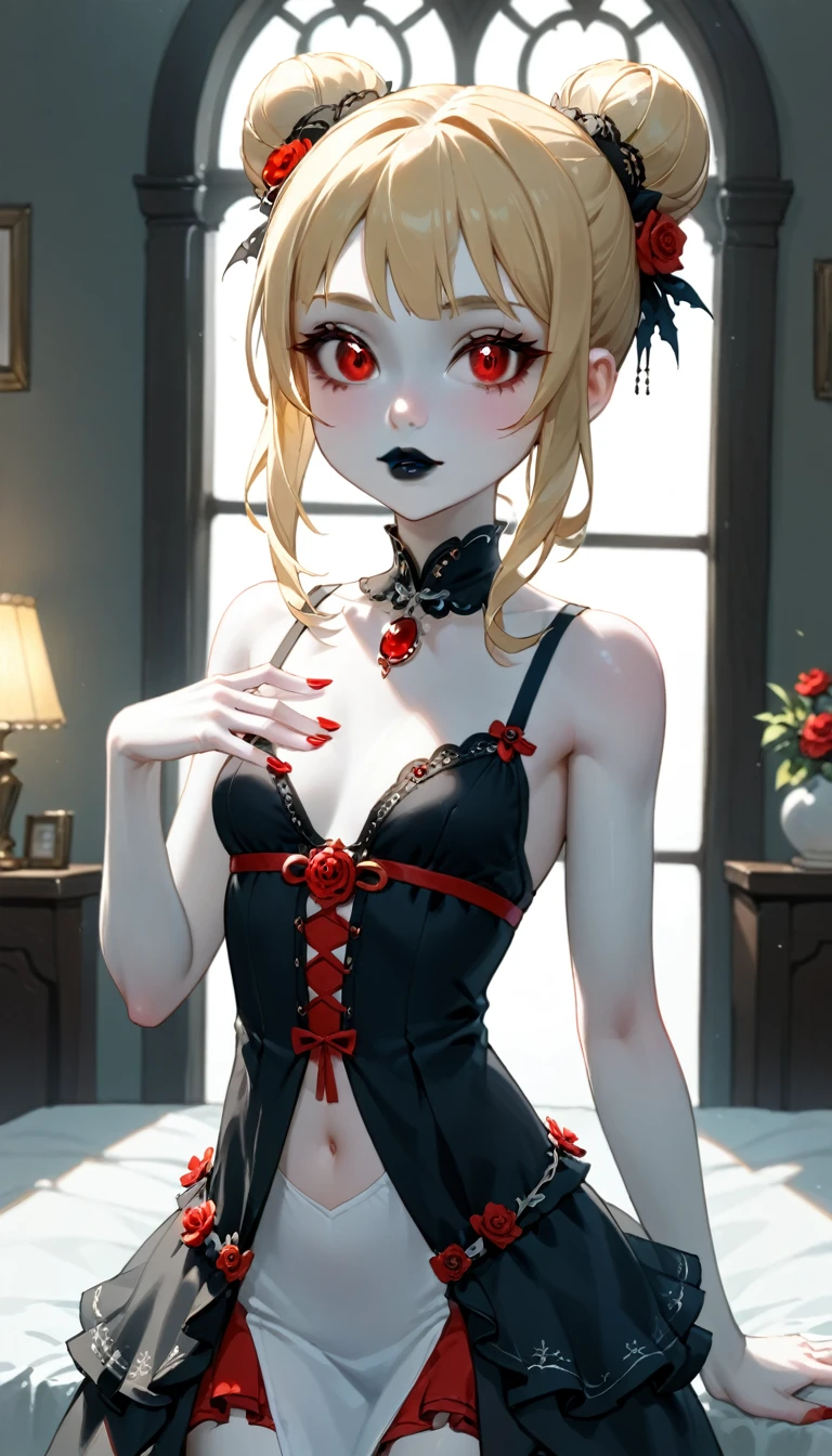A girl drawn in great detail、Unparalleled beauty、Cute face、Little red cheeks and nose、Ultra-detailed eye、Very detailed顔と瞳、Small Nose、(((vampire、Pure white skin、Red eyes、Black Lips、Expressionless)))、Dark fantasy、Expressions of eroticism、Hair Bun、blonde、Elegant dress、Small breasts、capital of、Dark reception room、Luxurious ornaments、Dim lighting、Dim lighting、masterpiece、Highest quality、Super Resolution、Best image quality、Very detailed、