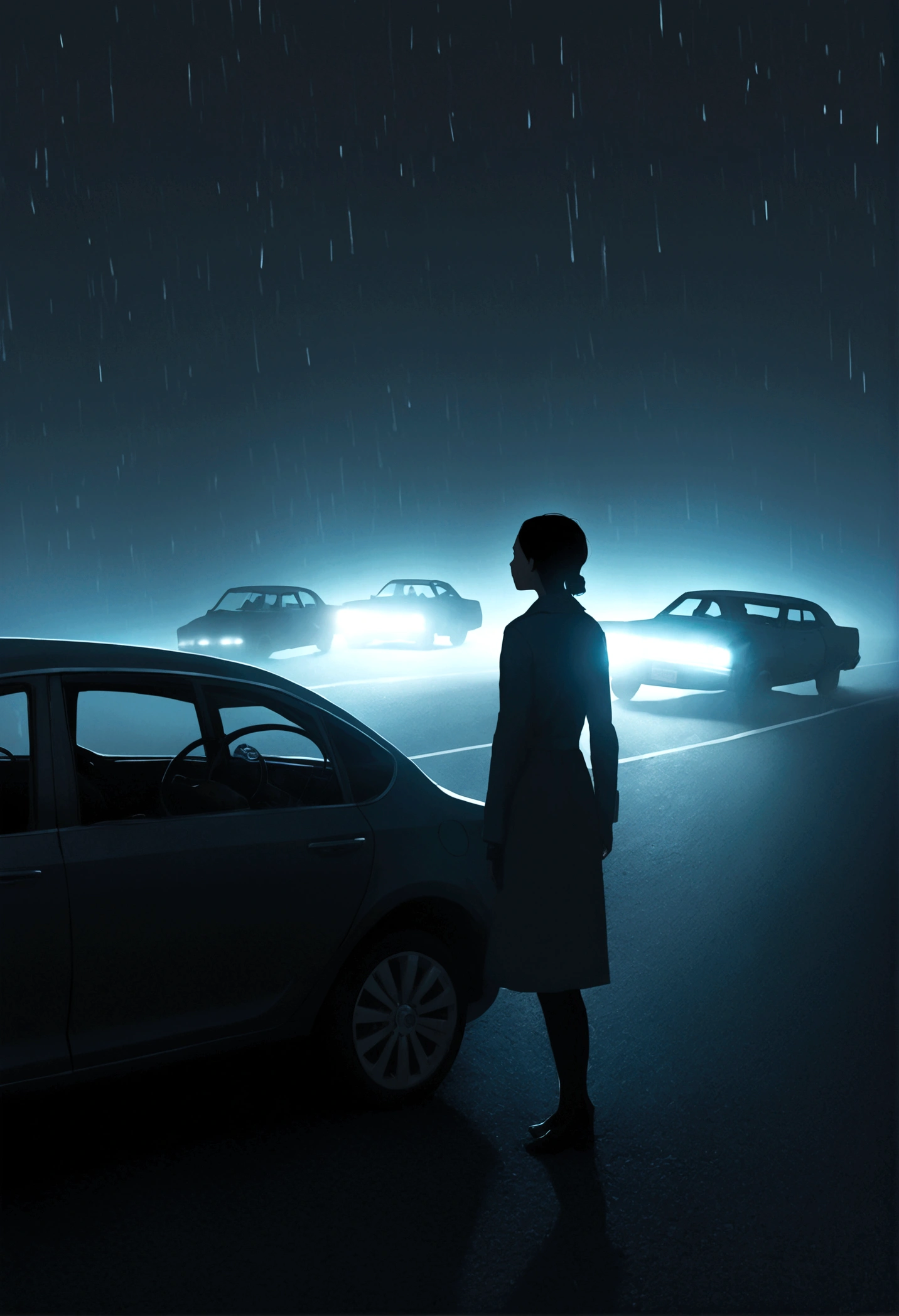 Suddenly, the car's headlights caught figures in the distance. Shapeless silhouettes on the side of the road. Brakes screeching, Sarah stopped the car at a cautious distance. She couldn't make out what those figures were, but something about them sent chills down her spine.