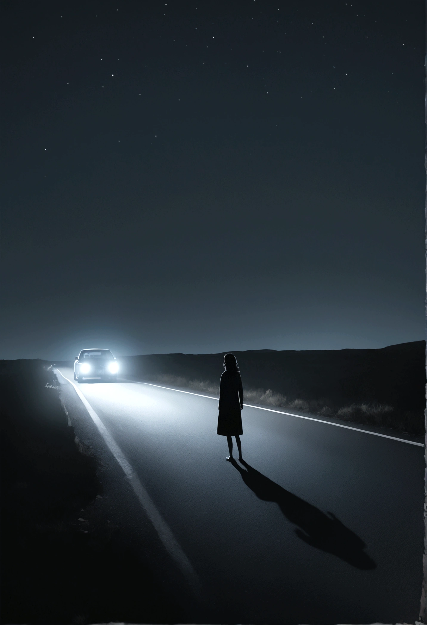 Suddenly, the car's headlights caught figures in the distance. Shapeless silhouettes on the side of the road. Brakes screeching, Sarah stopped the car at a cautious distance. She couldn't make out what those figures were, but something about them sent chills down her spine.