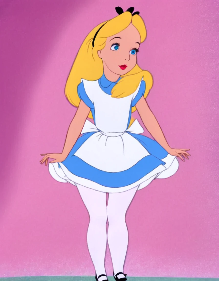wxaliwonlan, 1girl, solo, long hair, blue eyes, blonde hair, alice (alice in wonderland), disney cartoon, masterpiece, best quality, upskirt view, front view, white panties, white stockings, hands lifting skirt