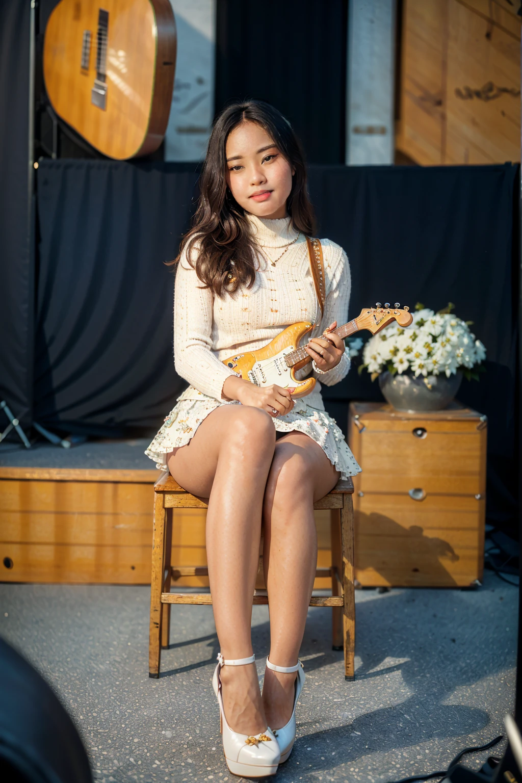 masterpiece, best quality, ultra detailed, high resolution, 1 girl, ((pretty lady MoonLay)), Burmese girl, ((pretty lady MoonLay's seductive sweet face with sweet smile:1.2)), ((playing guitar:1.5)), ((singing with confident)), ((electric guitar)), ((stage background:1.5)), golden hour setting, 8k, (black sweater turtleneck tight blouse), ((many white flowers pattern printed on black mini tight skirt:1.2)), (sitting on stylish stage stool), (((one knee over another knee:1.2))), (stiletto high heel), ((full body view:1.5)), ((blur background with star shaped bokeh effect to highlight portrait better)), (vibrant HDR lighting),