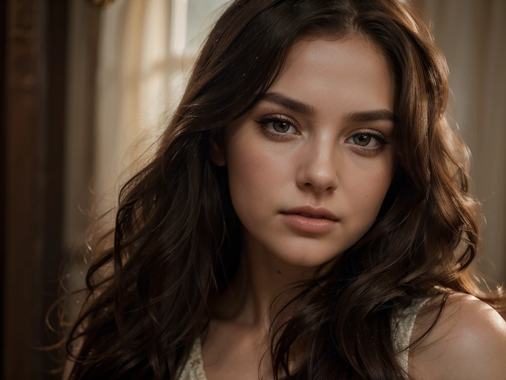 a beautiful young american actress, detailed facial features, piercing eyes, lush lips, long eyelashes, flowing hair, elegant expression, photorealistic, high resolution, 8k, best quality, masterpiece, intricate details, hyper realistic, dramatic lighting, warm color palette, cinematic composition, dramatic pose, on-location shoot