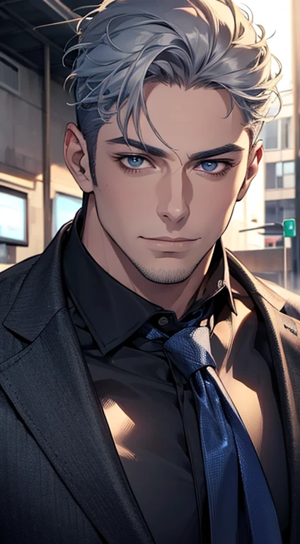 (best quality,4k,8k,highres,masterpiece:1.2),ultra-detailed,(realistic,photorealistic,photo-realistic:1.37),1 man,31 years old,mature man,very handsome,without expression,smile,short grey blue hair,blue eyes,penetrating gaze,perfect face without errors,imposing posture,businessman,office background,cinematic lighting,hdr image