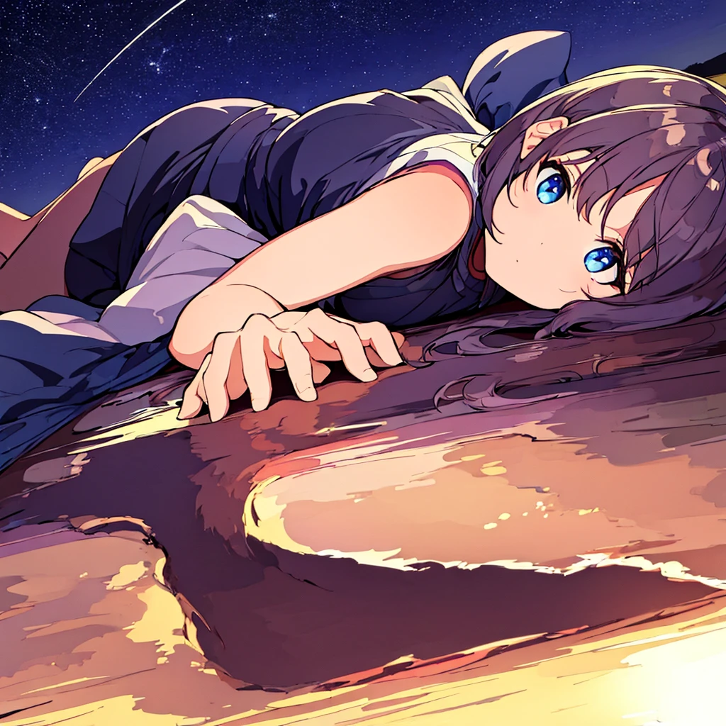 Girl laying on the ground looking up at the night sky beautiful sky, galaxies, anime style