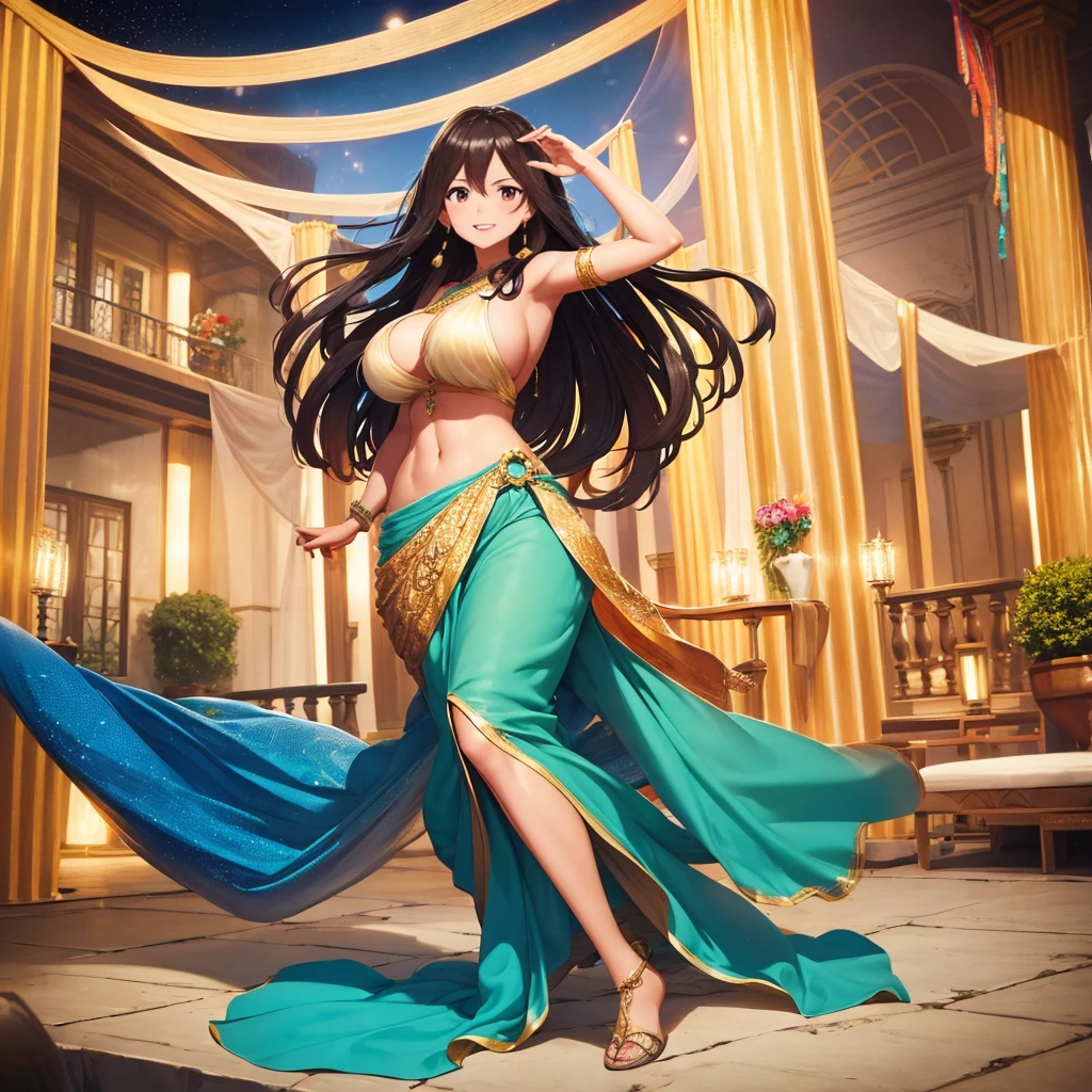 A photorealistic image of a South Asian woman in her 40s milf big tits with long, dark hair dancing on a beautiful restaurant on the roof top. gorgeous table decorated with candles in the background. She is dressed in a flowy sundress (stylish party attire ) and has a joyful expression on her face. Her arms are raised and her hair flows freely in the breeze. The style is bright and colorful, capturing the energy and fun of the moment.