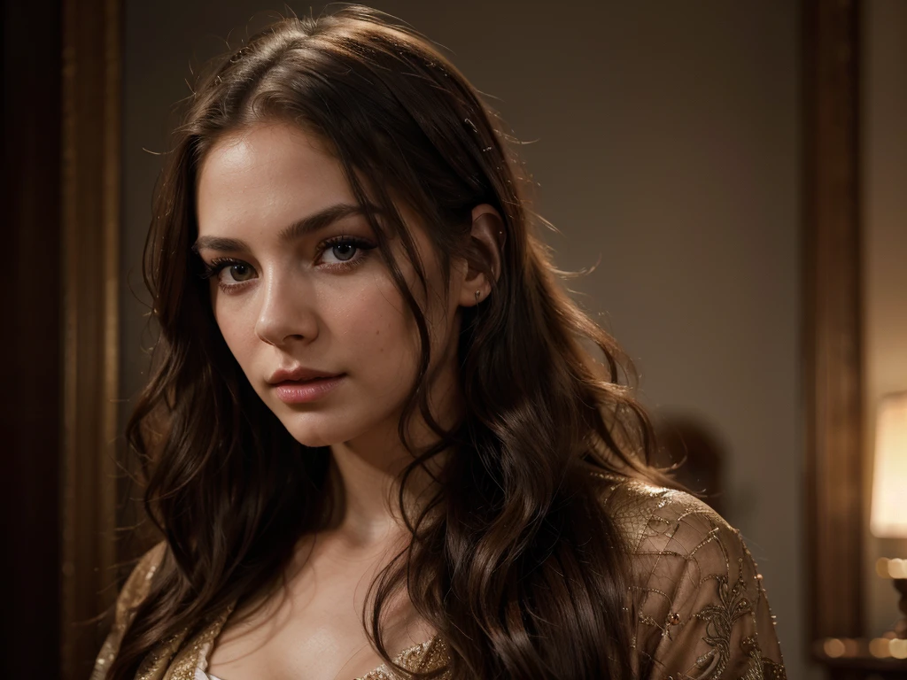 a beautiful young american actress, detailed facial features, piercing eyes, lush lips, long eyelashes, flowing hair, elegant expression, photorealistic, high resolution, 8k, best quality, masterpiece, intricate details, hyper realistic, dramatic lighting, warm color palette, cinematic composition, dramatic pose, on-location shoot