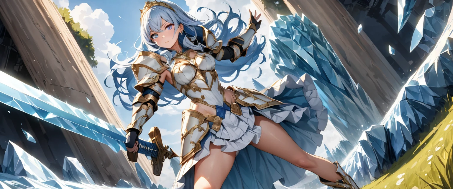 (Perfect Anatomy)、Mastepiece、Ultra High Quality、 8K、masterpiece、Highest quality、Ultra-high resolution、Maximum resolution、Very detailed、Professional Lighting、anime、woman、thin、so beautiful、Highly detailed eye、Highly detailed face、Armored Dress, Blue and white armor, , Golden decorated luxury tiara,Golden earrings,Frilly Armor,Light blue hair, blue eyes,White underwear、grassland, full body, dynamic angle, dynamic pose, Heroic pose, pillars of ice, (((long sword))), (((shield))), Powerful pose, Defending with water magic