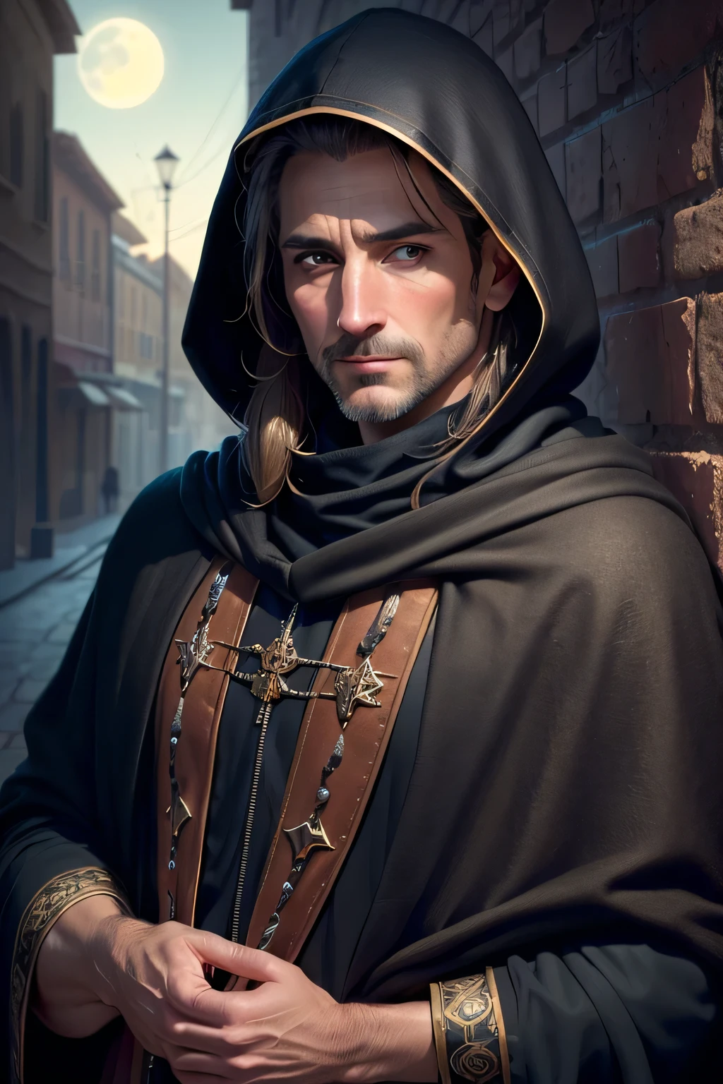 ((best quality)), ((masterpiece)), (detailed), Prize-winning works, with incredible details, maximum textures and details, cloak and hood ,1 A Murderous Man ,black clothing dress , roupas com cloak and hood negros ,(40 year old killer mature man:1.1,detailedeyes, face detailed, whole body:1.1,the background is a desert ),(best qualityer:1.2,ultra detali:1.1,realisitic:1.37),stone medieval ancient city ,eyeshadows,hidden identity,sharp focus,swirly vibrant colors,moonlights), (twilight), (natta), 8K