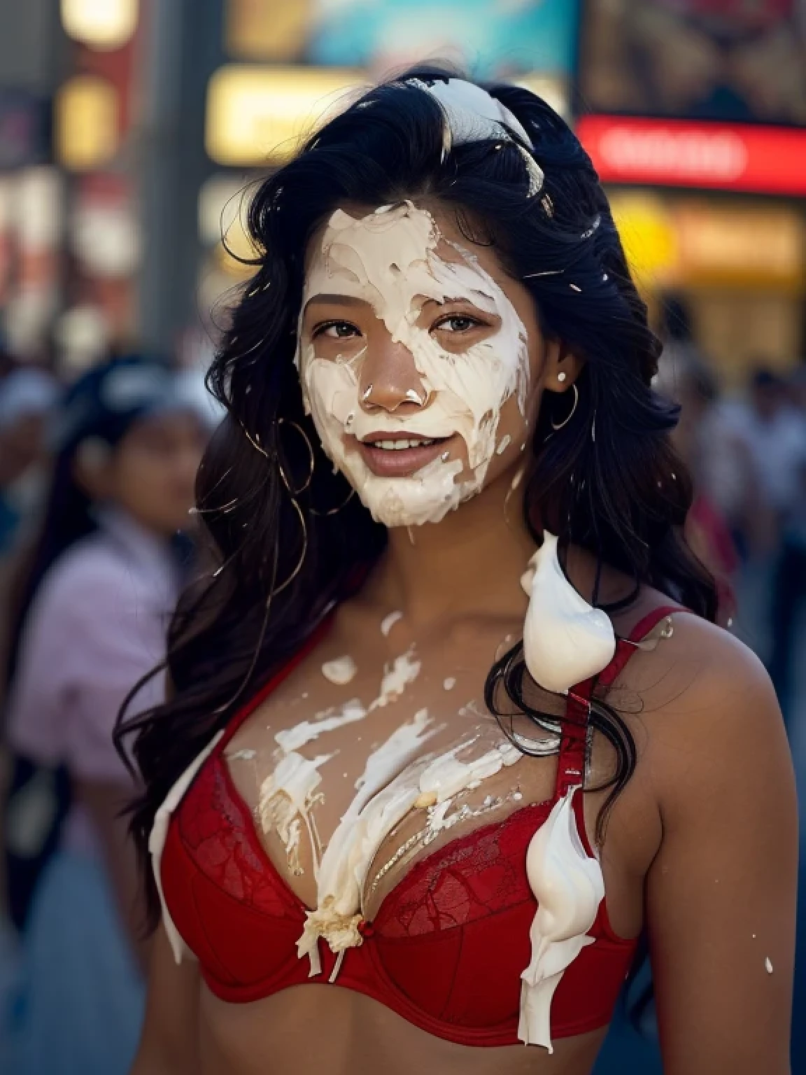 (photo:1.2), (photorealistic:1.4), extreme realism, super detailed, high resolution, very detailed, best quality, 8k, DSLR photo, sexy, alluring, sultry, detailed skin, detailed skin texture, realistic skin, best quality, Asian woman, mascara, (whipped cream: 1.2), times square, new york city, f/1.4 aperture, 35mm, wearing red lace push-up bra, cleavage, pie fight, pie in the face, (pie crust on face, pie crumbs on face: 1.1)