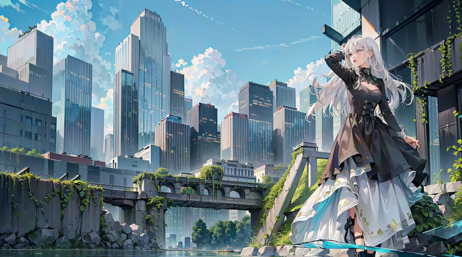 (((white hair gril waking in the city))), (((((Glass buildings, glass skyscrapers))))), (((black iron posts, black iron fences, marble bridges, rivers, vines, moss, flying islands in the sky, wall))), (((((city landscape, magic, skies islands))))), ((masterpiece), (best quality), (beautiful), (masterwork), (hyper-realistic), (wallpaper), (strong breeze)), (scene composition),