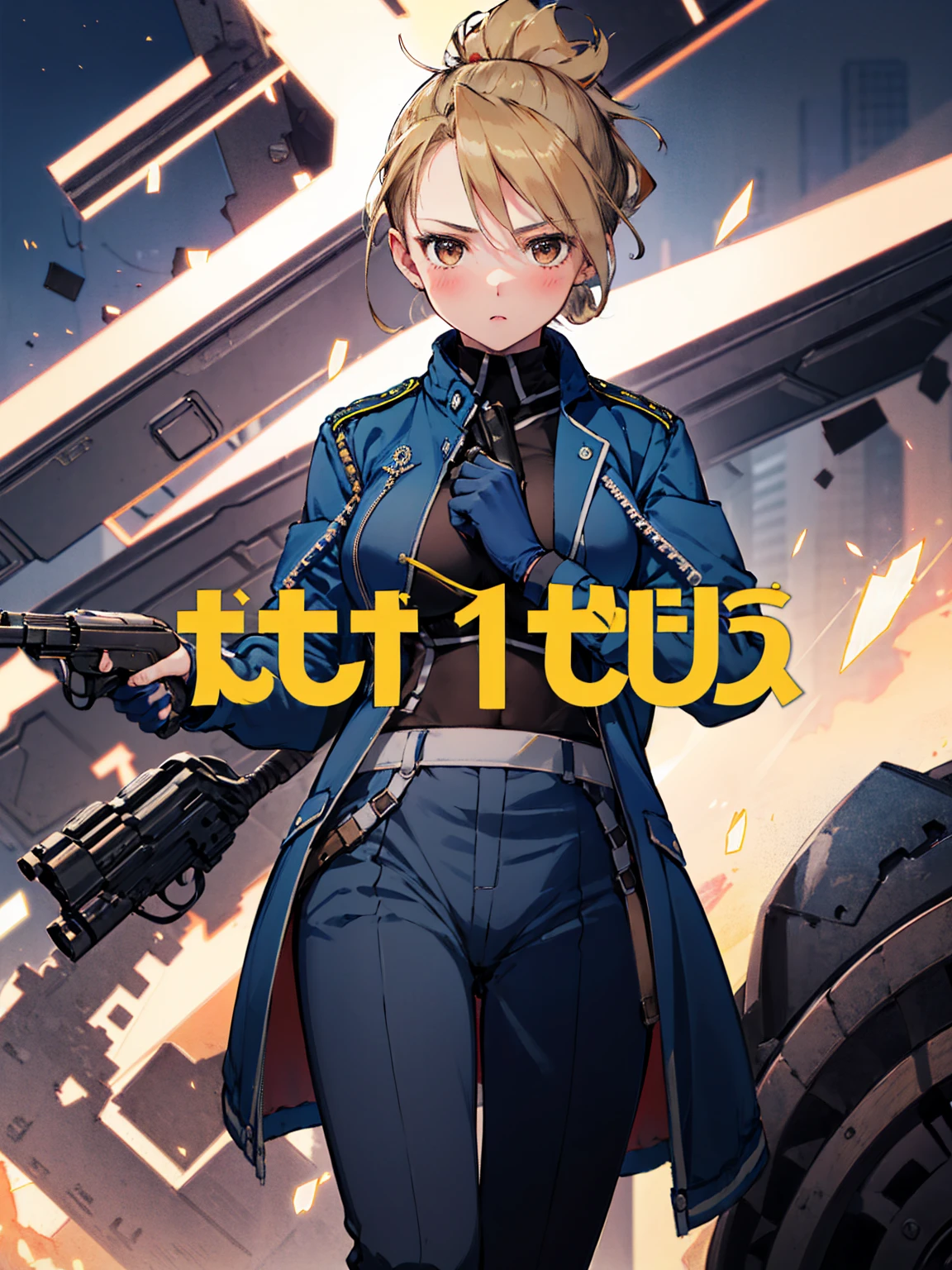 masterpiece, Highest quality, High resolution, One girl, (Blue jacketの下にBlack innerwearを着ている), Folded ponytail, Brown eyes, , uniform, Blue jacket, Blue pants, ,Big Breasts, Black innerwear, (屈んでReady your gun?), blush, (Ready your gun?)