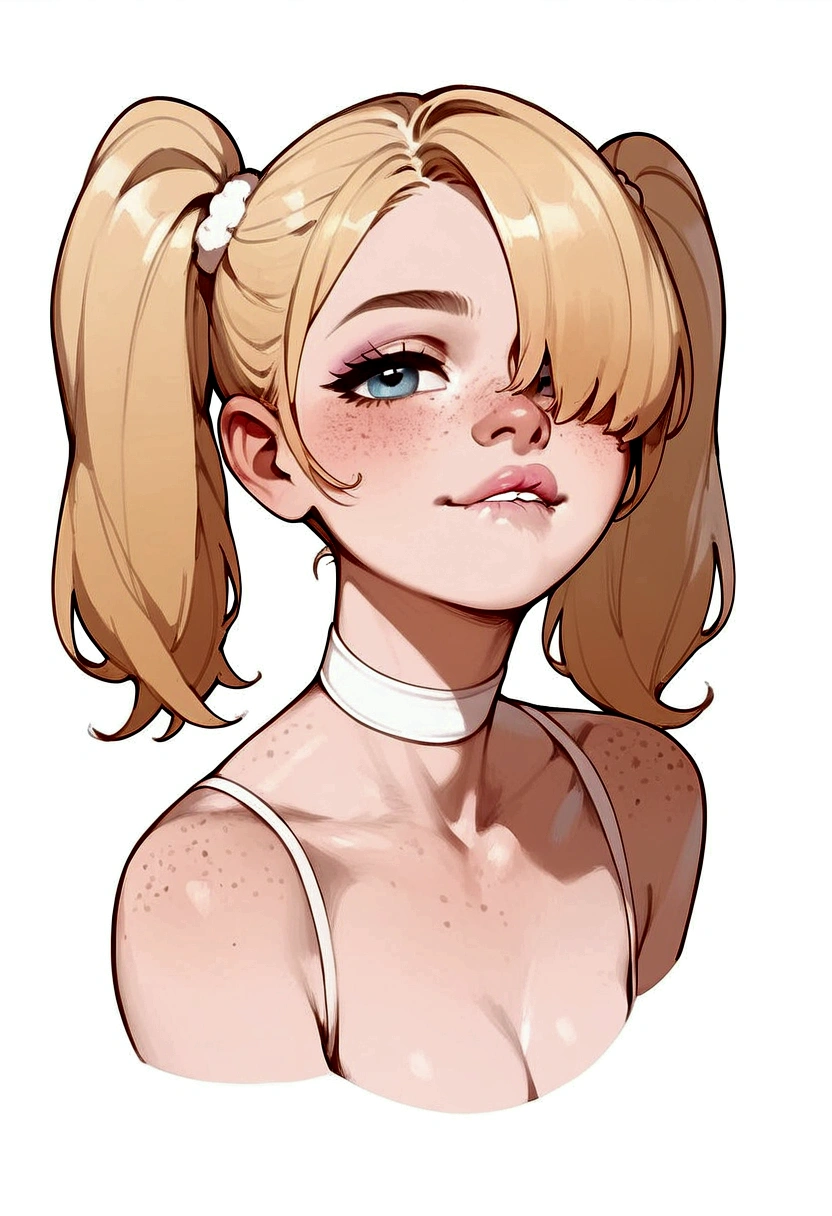 score_9,score_8_up,score_7_up,score_6_up,score_5_up,score_4_up, 1girl, pretty girl, blonde hair, in twintails, hair over 1 eye, cute nose. biting lip, seductive, white choker, pink lips, freckles, big