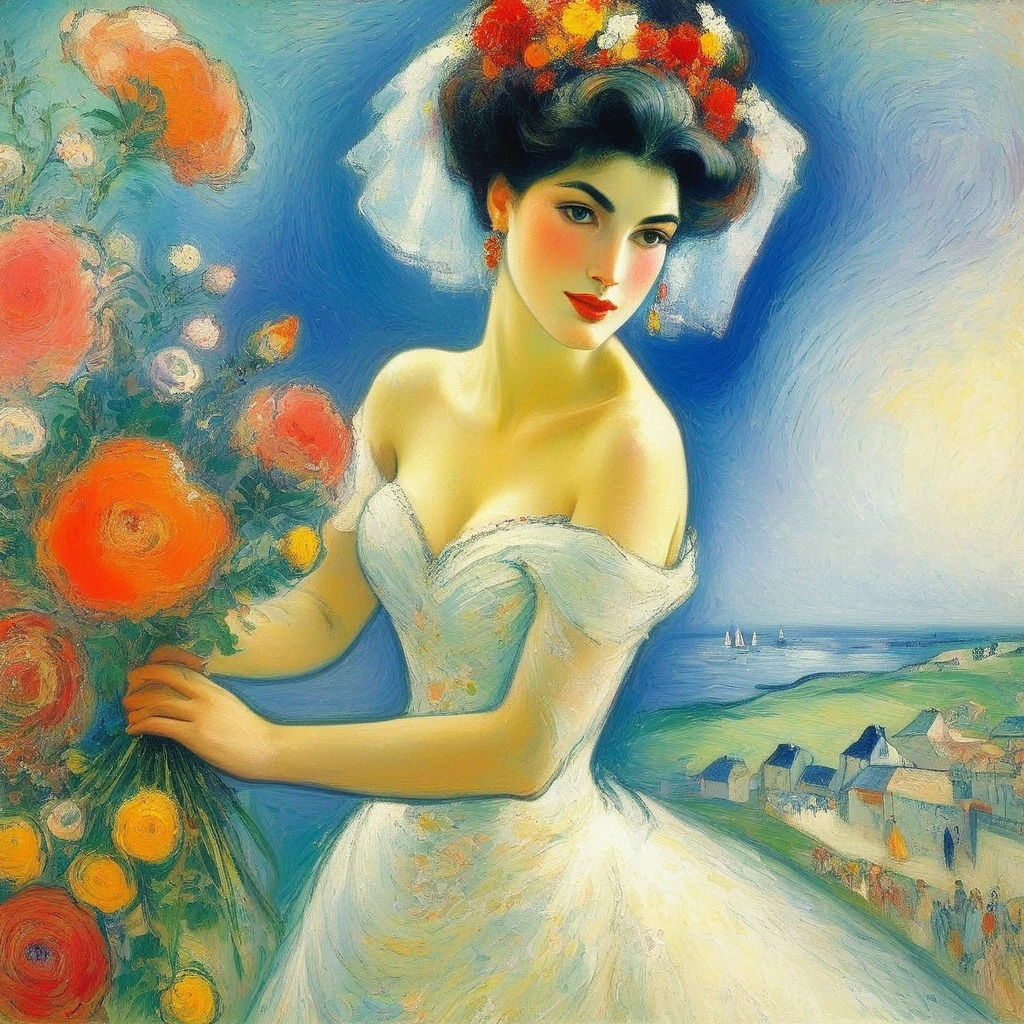 (1 girl, standing alone), make up, parted lips, highy detailed, face perfect, (cutaneous dentition), thick-thighs, Broad Hips, small waist, Cao Cao, bright coral lips,, (A girl in a wedding dress with flowers in her hands )), sensuous, blushful((Marc Chagall style)), magical naive art, primitivism, protogenes,((best qualityer, work of art)),
(Highest detail), Impressionism:1.1, 8K