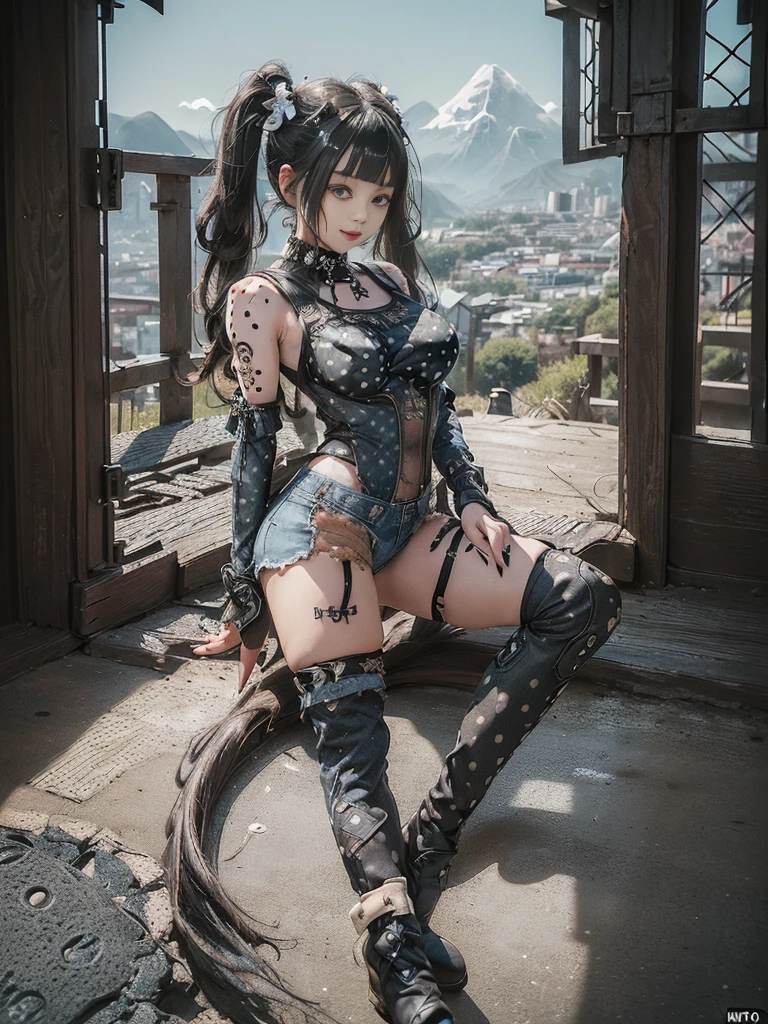 (Full Body View:1.4)、(Full body:1.3)、(Smiling with teeth showing:1.3),(Shibuya Gal:1.5)、(Gothic ta style fashion:1.5)、(Punk RockVisual Kei:1.5)、(Wearing a rhythmic gymnastics bodysuit with intricate details:1.4)、(Racing suit and shorts in beige, denim and charcoal with intricate details:1.5)、(Denim and black and brown long boots:1.3)、(Denim and beige knee socks:1.3)、((belt))、(Numerous delicate logo marks all over the costume:1.4)、(collar:1.3)、(Polka dot underwear:1.5)、20-year-old、NSFW、((Highest quality、In 8K、masterpiece:1.3))、Sharp focus:1.2、(Layered Cut、Huge boobs:1.1),Beautiful woman with perfect figure:1.4、(do a gravure pose:1.3)、Slender Abs:1.2、Highly detailed face and skin texture、Detailed eyes、double eyelid,(Twin tails:1.3)、(Black brown hair:1.3)、Gravure idol、(The background is a vast mountain々Beautiful European tourist destinations:1.3)、(Slim body:1.3),(Make your legs thinner:1.4),(clavicle:1.1)
