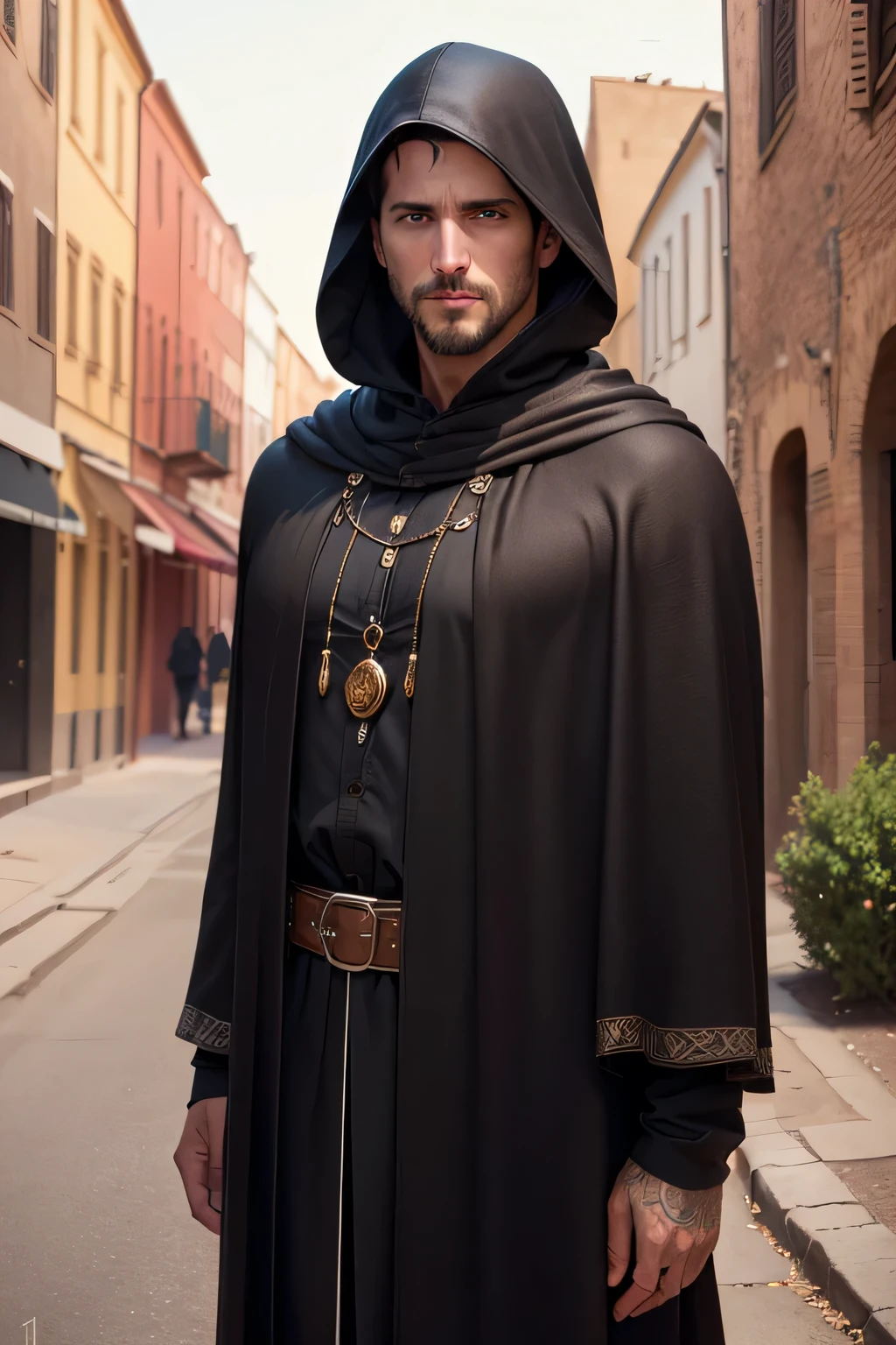 ((best quality)), ((masterpiece)), (detailed), Prize-winning works, with incredible details, maximum textures and details, cloak and hood ,1 A Murderous Man ,black clothing dress , roupas com cloak and hood negros ,(40 year old killer mature man:1.1,detailedeyes, face detailed, whole body:1.1,the background is a desert ),(best qualityer:1.2,ultra detali:1.1,realisitic:1.37),stone medieval ancient city ,eyeshadows,hidden identity,sharp focus,swirly vibrant colors,moonlights), (twilight), (natta), 8K
