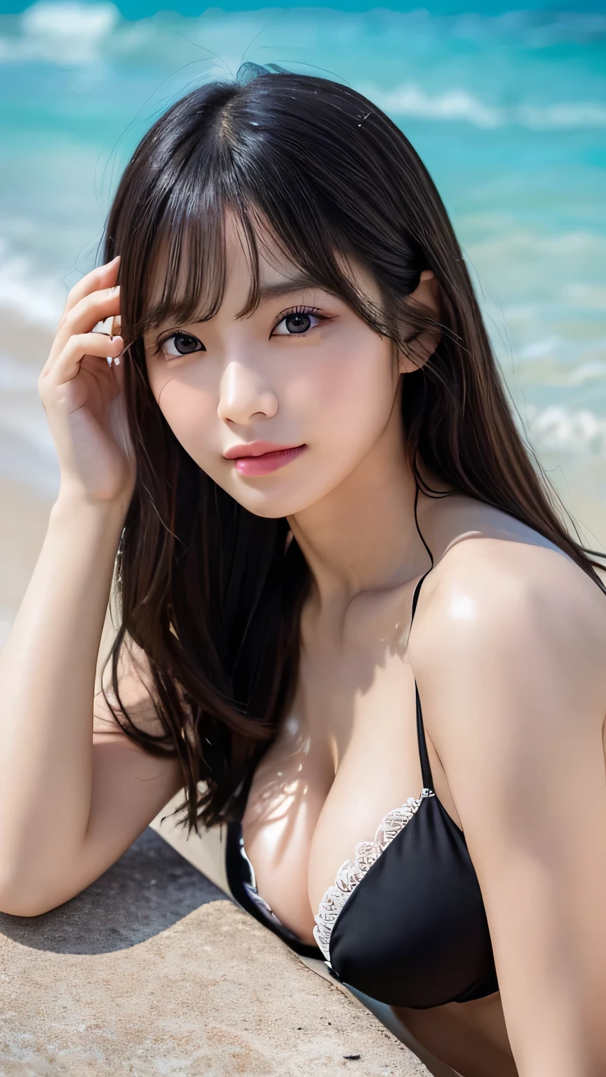 One beautiful girl, Very beautiful detailed face, Laugh shyly, Symmetrical black eyes), (Tiny Micro Bikini), (Beautiful big breasts:1.3)、Hime cut hair, (Beautiful Face:1.2), high quality, Realistic, Very detailed CG unified 8K wallpapers, Very detailed, High resolution RAW color photos, Professional photography, Realistic portrait, Cinematic Light, Beautiful details, Super detailed, Attention to detail, Depth of written boundary, Tropical Beach、Pool、Full Body Shot、random sexy posedium hair、Semi-long hair、Has cleavage、Thighs Thighs Thighs Thighs、Beautiful feet、Deep cleavage、KPOP idol faces、Embarrassed face、(最high quality, 4K, 8K, High resolution, Tabletop:1.2), Super detailed, (Realistic, Realistic, Photorealistic:1.37), (Beautiful details eyes, Beautiful details lips, Very detailed目と顔), Vibrant colors, (big , Super huge , Super big, Glamorous Body), (Long black straight hair, Shiny Hair, Shiny skin),Ocean View Room
