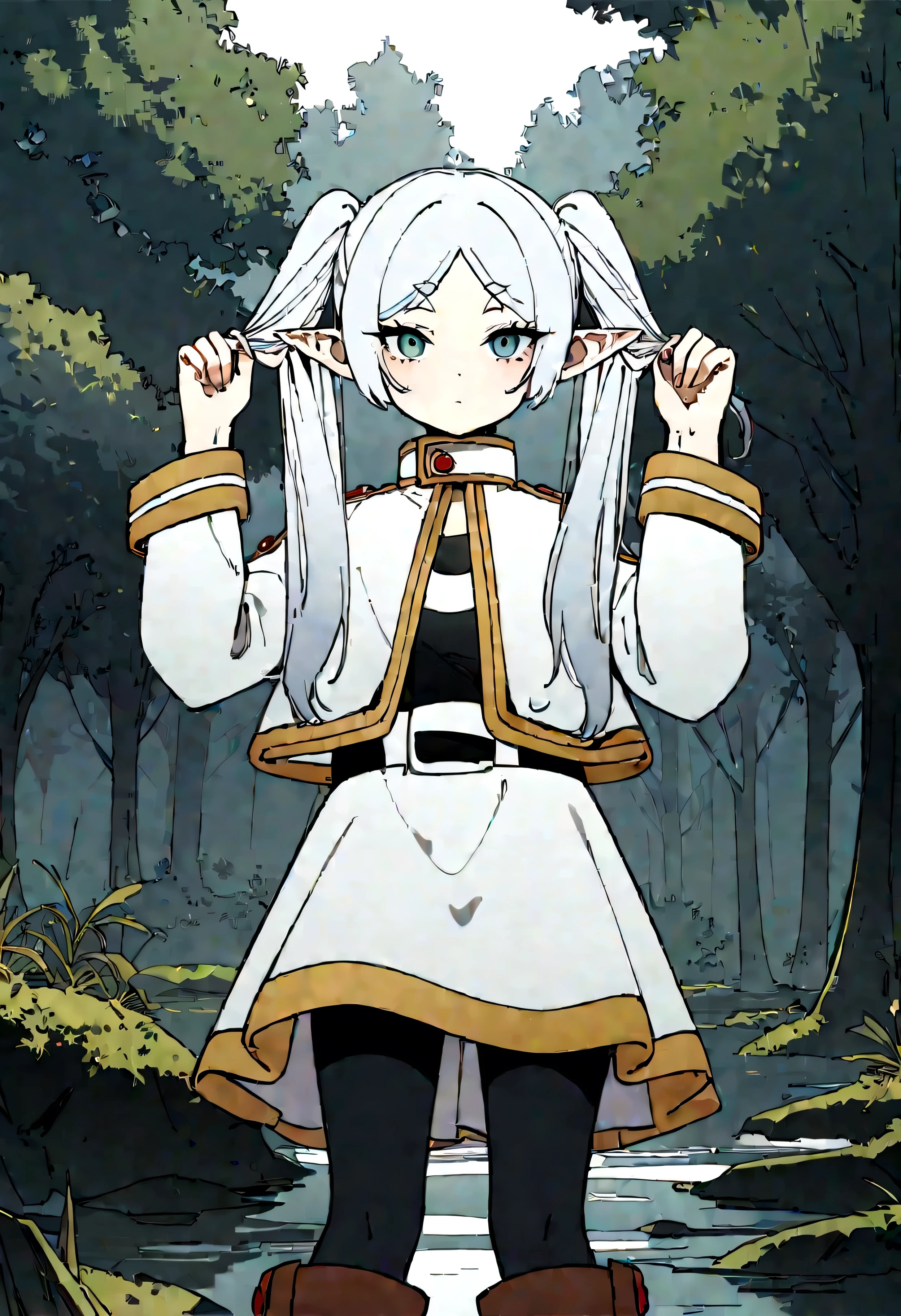 nereirfpnxl, frieren, illustration, pointy ears, 1girl, twintails, bunching hair, pale cisle hair collar, black pantyhose, boots, brown footwear, white jacket, white skirt, abyssal green eyes, expressionless, scenery, best quality, masterpiece, cover page, straight-on, 