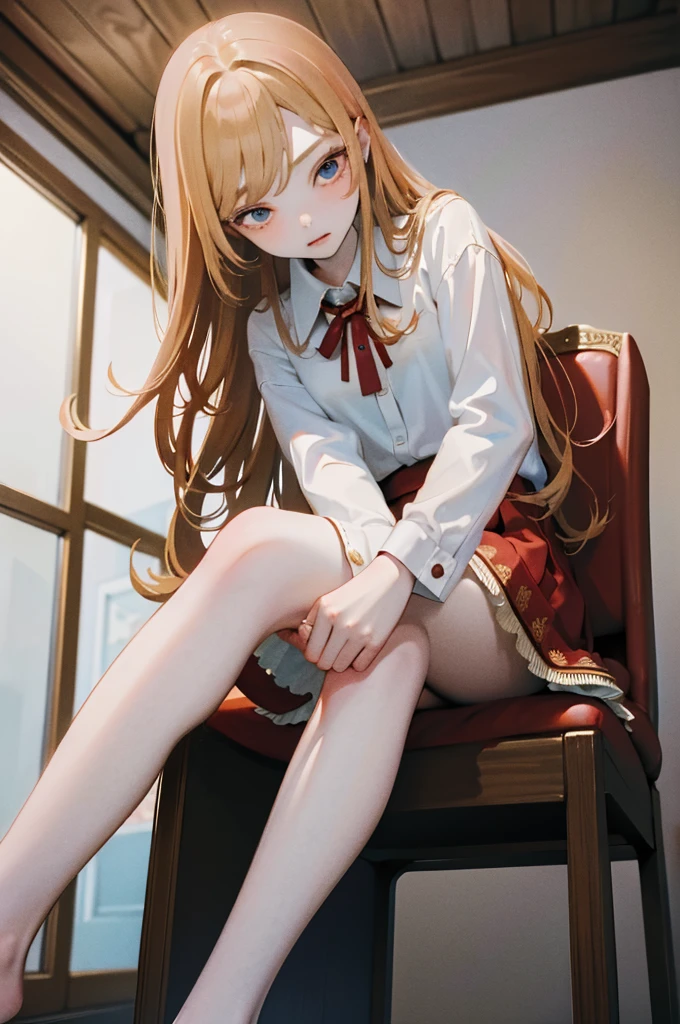 masterpiece, Highest quality, 8k wallpaper, Very detailed, A girl about 12 years old, (Golden Hair:1.1), Long Hair, fine grain、(Red Skirt)、 White dress shirt,(A single large red flower hair ornament:1.1)，Light blue eyes、drunken eyes ，looking down、embarrassed，ceiling，Sitting in a chair、barefoot、Panties partially removed，Spread your legs