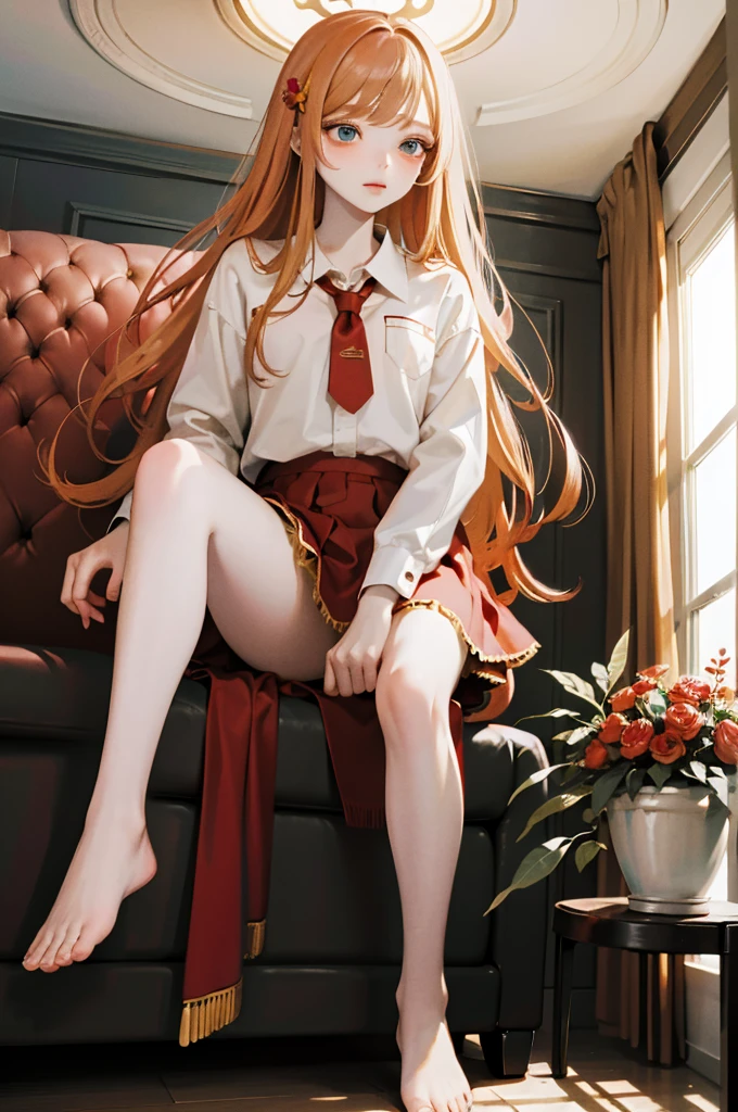 masterpiece, Highest quality, 8k wallpaper, Very detailed, A girl about , (Golden Hair:1.1), Long Hair, fine grain、(Red Skirt)、 White dress shirt,(A single large red flower hair ornament:1.1),Light blue eyes、drunken eyes ,looking down、embarrassed,ceiling,Sitting in a chair、barefoot、Panties partially removed,Spread your legs