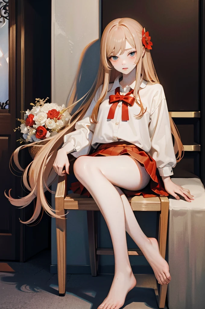 masterpiece, Highest quality, 8k wallpaper, Very detailed, A girl about ************, (Golden Hair:1.1), Long Hair, fine grain、(Red Skirt)、 White dress shirt,(A single large red flower hair ornament:1.1)，Light blue eyes、drunken eyes ，looking down、embarrassed，ceiling，Sitting in a chair、barefoot、Panties partially removed，Spread your legs