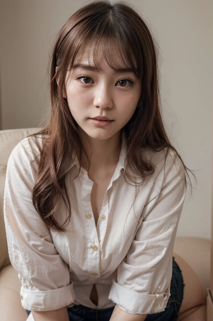 top quality, masterpiece, A high resolution, 8 k.Cute 20 year old Japanese girl with a youthful face.、face close up、Her blouse is a little unbuttoned、hair color pale pink, dull, with dark roots、Blush with embarrassment、(On knees:1.5)