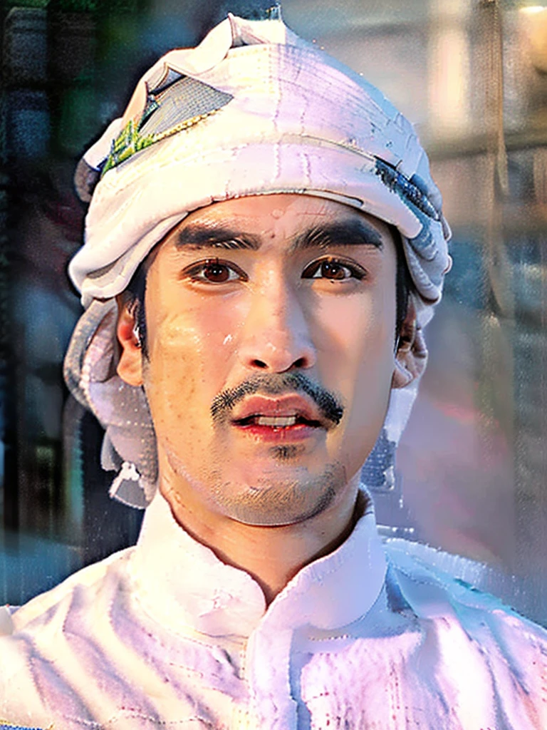 a young asian man, Nadech Kugimiya face, clear face, off-white traditional arabian thawb robe, white cloak, off-white shemagh turban, standing in the desert, looking up at the sky, solemn expression, extremely detailed beautiful eyes, beautiful detailed lips, extremely detailed facial features, long eyelashes, photorealistic, (best quality,8k,highres,masterpiece:1.2),ultra-detailed,(realistic,photorealistic,photo-realistic:1.37),dramatic cinematic lighting, vivid colors, HDR, physically-based rendering