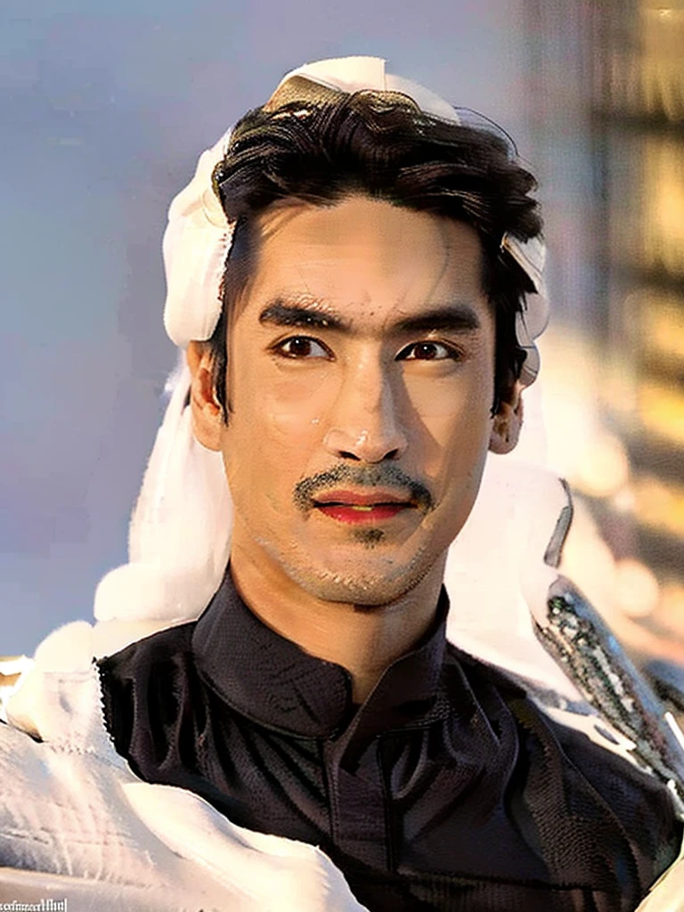 a young asian man, Nadech Kugimiya face, clear face, off-white traditional arabian thawb robe, white cloak, off-white shemagh turban, standing in the desert, looking up at the sky, solemn expression, extremely detailed beautiful eyes, beautiful detailed lips, extremely detailed facial features, long eyelashes, photorealistic, (best quality,8k,highres,masterpiece:1.2),ultra-detailed,(realistic,photorealistic,photo-realistic:1.37),dramatic cinematic lighting, vivid colors, HDR, physically-based rendering