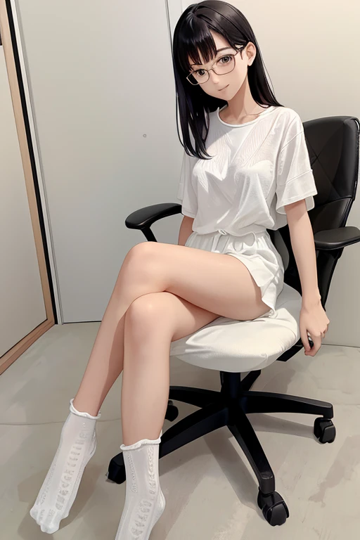 Highest quality、masterpiece、High sensitivity、High resolution、Detailed Description、Slender women、Slim Body、Glasses、Wearing socks、Sit astride a chair、Thin thighs