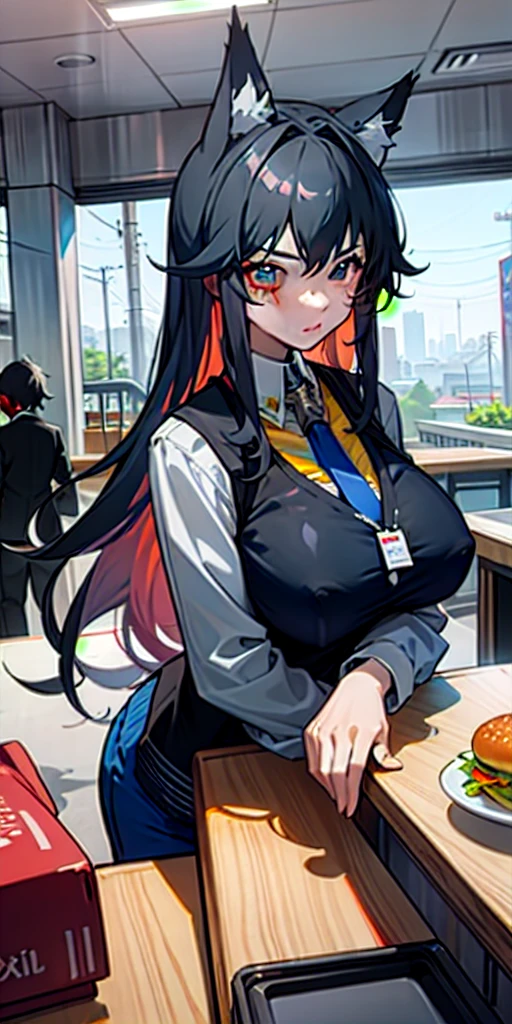 ager in work uniform working as a cashier at a fast food stand behind the counter watching viewer, with huge tits, anime style