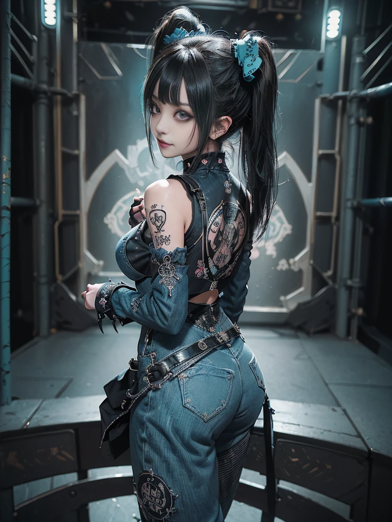 (Full Body View:1.4)、(Back view:1.3)、(Smiling with teeth showing:1.3),(Shibuya Gal:1.5)、(Gothic ta style fashion:1.5)、(Punk RockVisual Kei:1.5)、(Wearing a rhythmic gymnastics bodysuit with intricate details:1.4)、(Racing suit and pants with intricate turquoise, denim and charcoal decorations:1.5)、(Denim and light blue and turquoise boots:1.3)、((belt))、(Numerous delicate logo marks all over the costume:1.4)、(collar:1.3)、(Polka dot underwear:1.5)、20-year-old、NSFW、((Highest quality、In 8K、masterpiece:1.3))、Sharp focus:1.2、(Layered Cut、Huge boobs:1.1),Beautiful woman with perfect figure:1.4、(do a gravure pose:1.3)、Slender Abs:1.2、Highly detailed face and skin texture、Detailed eyes、double eyelid,(Twin tails:1.3)、(Black brown hair:1.3)、Gravure idol、(The background is the stage of the fashion show:1.3)、(Slim body:1.3),(Make your legs thinner:1.4),(clavicle:1.1)
