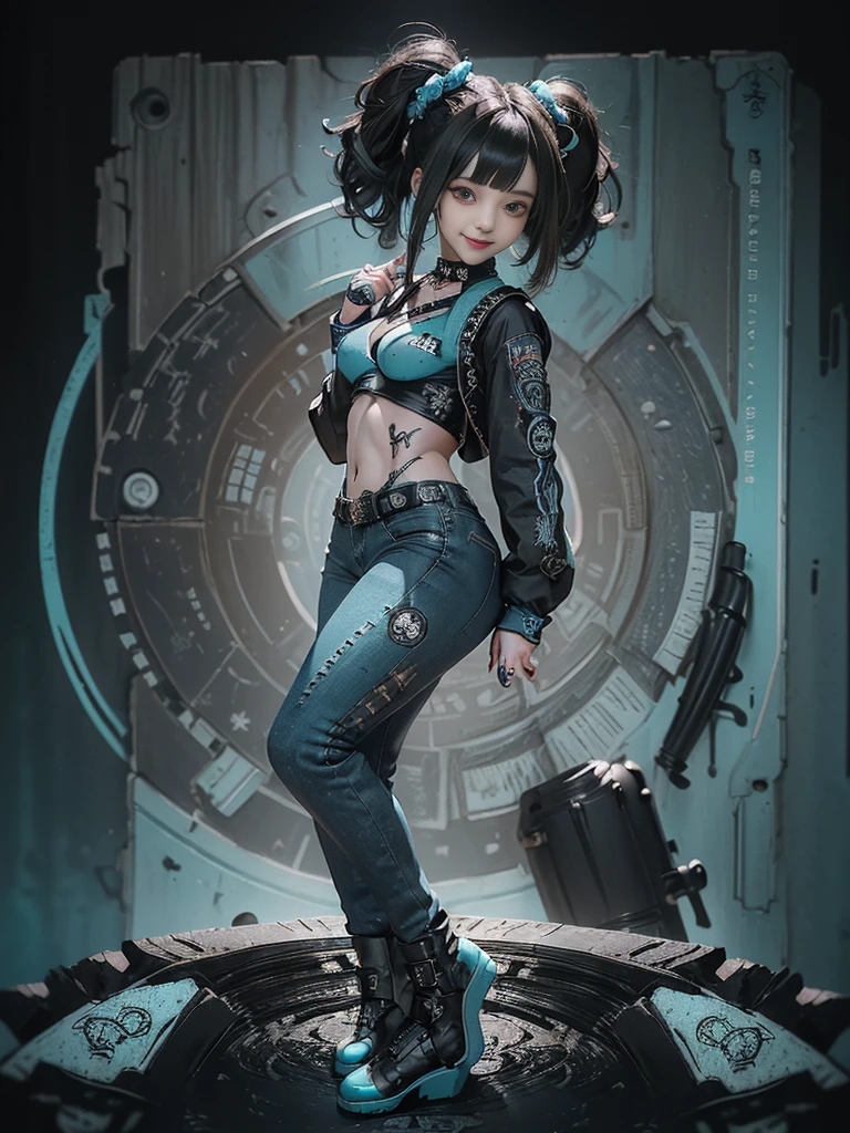 (Full Body View:1.4)、(Full body:1.3)、(Smiling with teeth showing:1.3),(Shibuya Gal:1.5)、(Gothic Lolita style fashion:1.5)、(Punk RockVisual Kei:1.5)、(Wearing a rhythmic gymnastics bodysuit with intricate details:1.4)、(Racing suit and pants with intricate turquoise, denim and charcoal decorations:1.5)、(Denim and light blue and turquoise boots:1.3)、((belt))、(Numerous delicate logo marks all over the costume:1.4)、(collar:1.3)、(Polka dot underwear:1.5)、20-year-old、NSFW、((Highest quality、In 8K、masterpiece:1.3))、Sharp focus:1.2、(Layered Cut、Huge boobs:1.1),Beautiful woman with perfect figure:1.4、(do a gravure pose:1.3)、Slender Abs:1.2、Highly detailed face and skin texture、Detailed eyes、double eyelid,(Twin tails:1.3)、(Black brown hair:1.3)、Gravure idol、(The background is the stage of the fashion show:1.3)、(Slim Body:1.3),(Make your legs thinner:1.4),(clavicle:1.1)