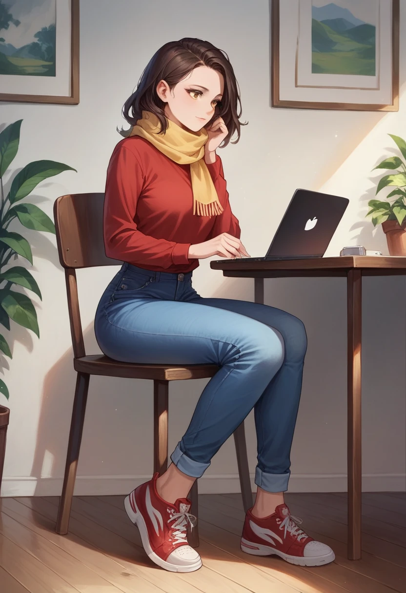 create a 3d illustration featuring like a realistic of a 30 years old beautiful girl , wearing red shirt, blue jeans , red sneakers, yellow scarf , using laptop , sitting on a chair