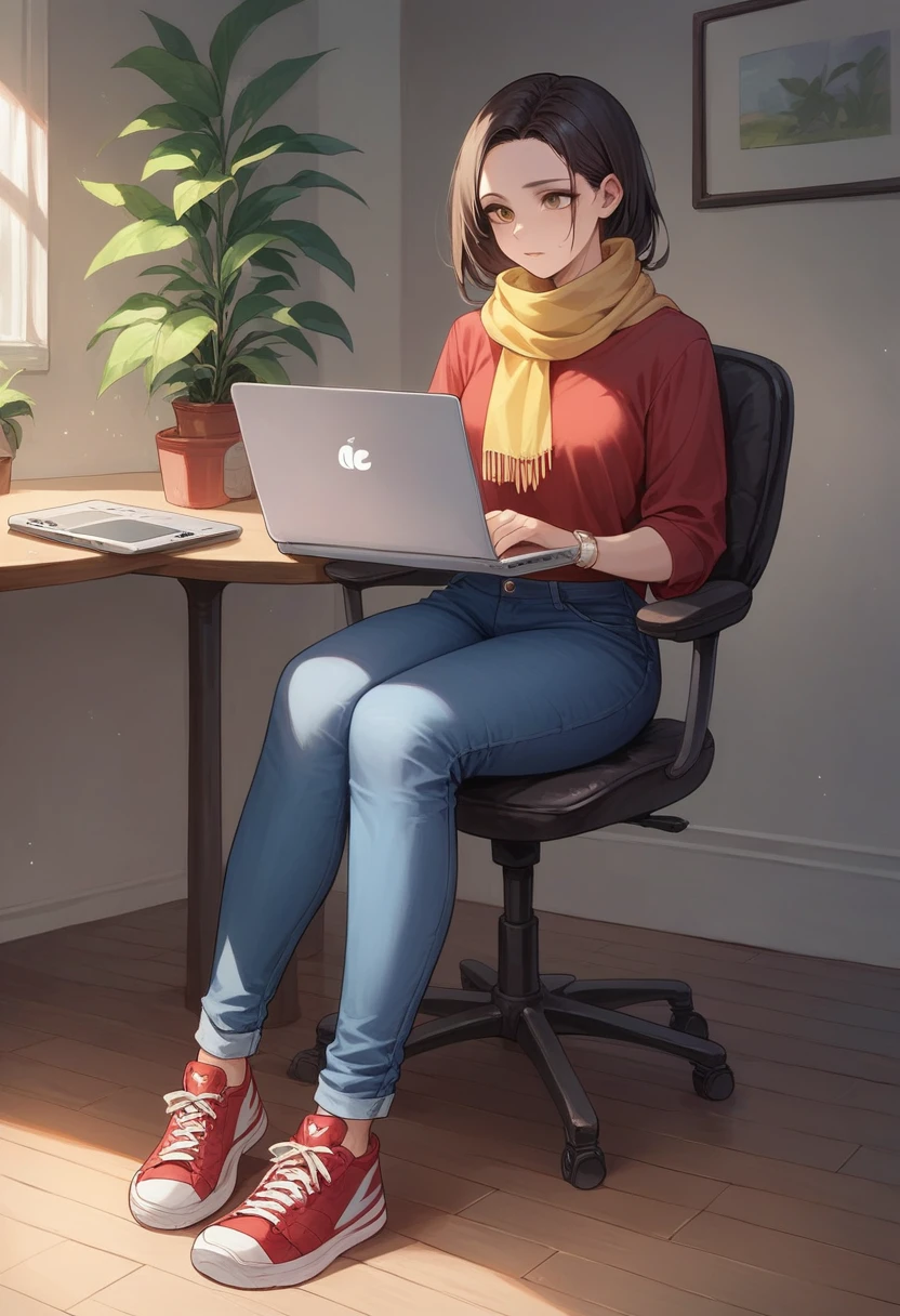 create a 3d illustration featuring like a realistic of a 30 years old beautiful girl , wearing red shirt, blue jeans , red sneakers, yellow scarf , using laptop , sitting on a chair