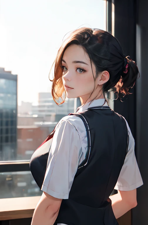 1 girl, mature female, vest, 弓, best qualityer, hires, face detailed, DESK, window buildings, detailed back ground, diffused sunlight, Depth of field, bokeh