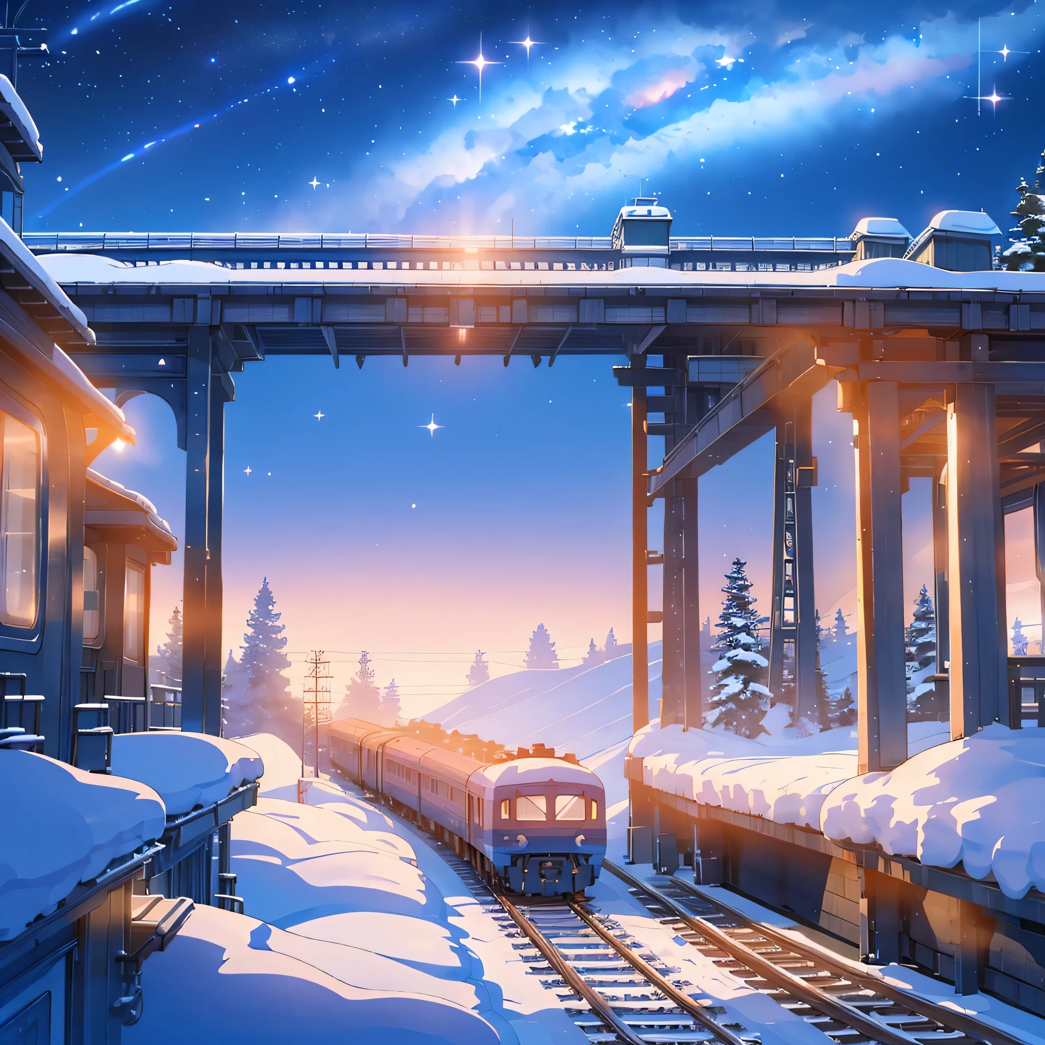 In a tranquil winter night, under the ethereal glow of a cosmic sky, a train glides gracefully along snow-covered tracks. The scene unfolds with Makoto Shinkai's signature magic realism, where the train itself seems alive with a quiet, mysterious energy. The landscape is painted in shades of deep blues and purples, reminiscent of a galaxy painted across the heavens. There are no humans in sight, only the silent companionship between the train and the vast, starlit sky. This evokes the essence of Makoto Shinkai's renowned anime backgrounds, capturing a moment of serene beauty and cosmic wonder.
