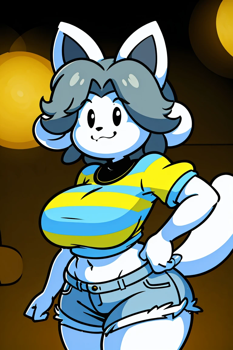 cute cartoon character temmie, grey hair, striped shirt, jean shorts, tall, muscular, cropped, black spot eye, detailed, corpão gostoso, alta, gigante, rosto delkz, 4k, 8k, highres, masterpiece:1.2, ultra-detailed, realistic, photorealistic, photo-realistic:1.37, HDR, UHD, studio lighting, ultra-fine painting, sharp focus, physically-based rendering, extreme detail description, professional, vivid colors, bokeh, cartoon, character design,  pose, fantasy, Tail