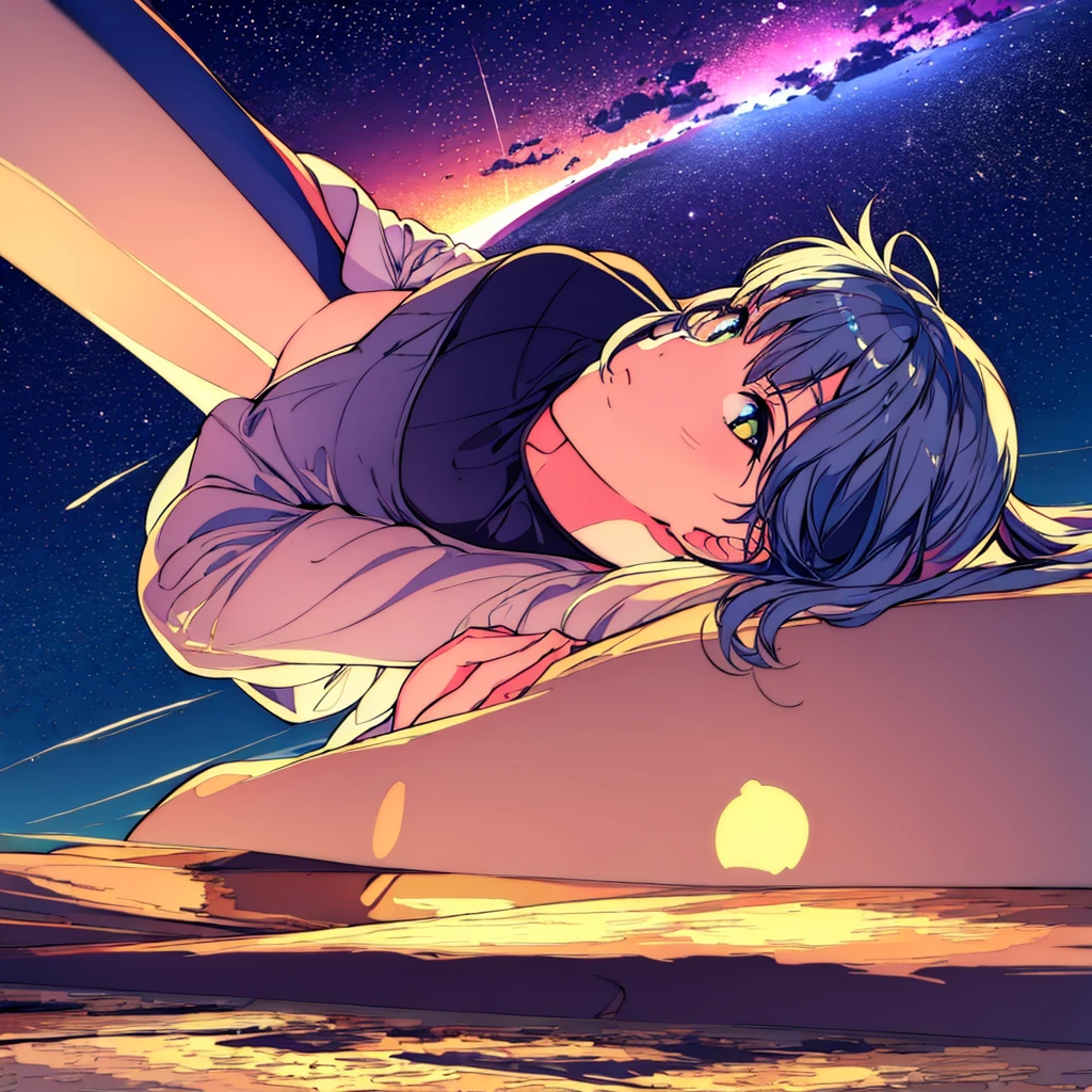 Girl laying on the ground looking up at the night sky beautiful sky, galaxies, anime style