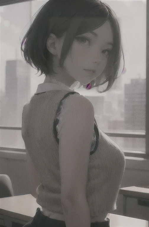 1 girl, mature female, vest, 弓, best qualityer, hires, face detailed, DESK, window buildings, detailed back ground, diffused sunlight, Depth of field, bokeh