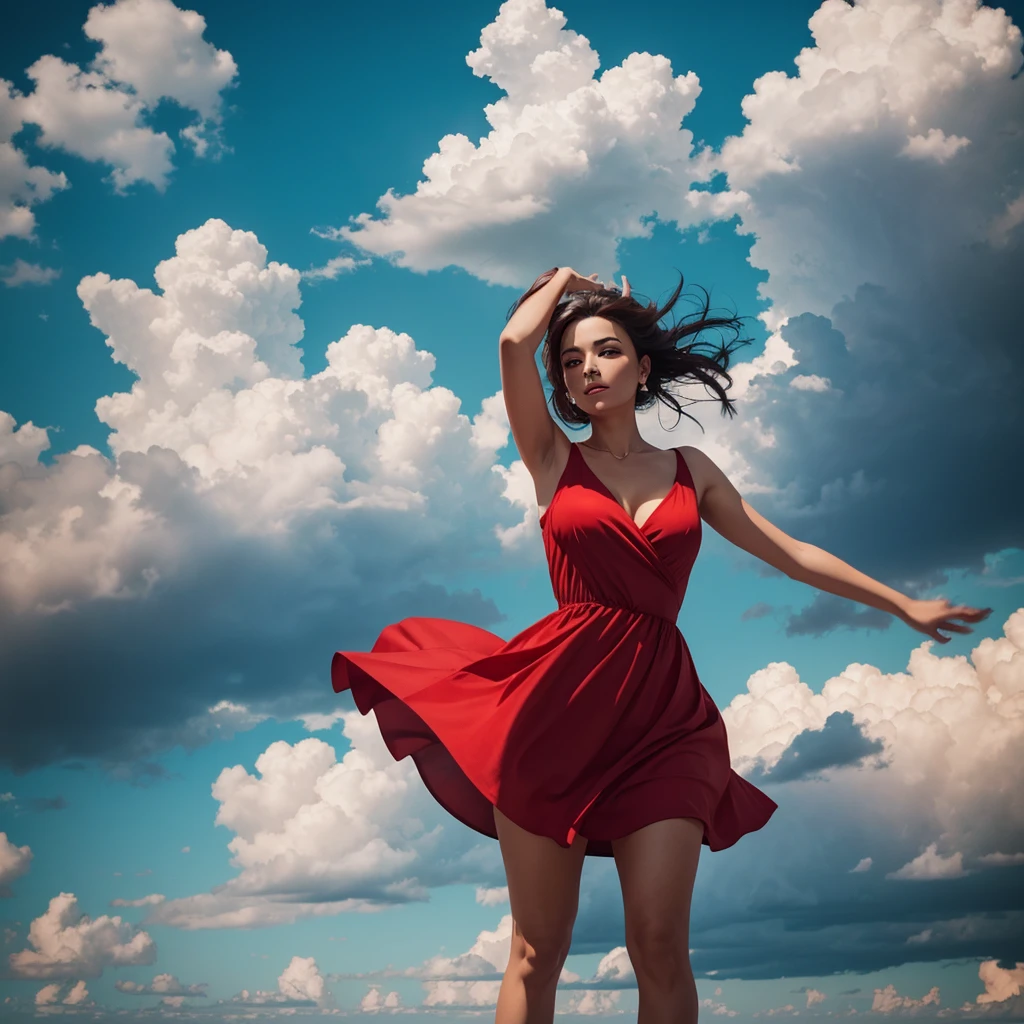 A stylized image of a beautiful woman in a short red dress falling in the middle of the sky with several clouds in the background.