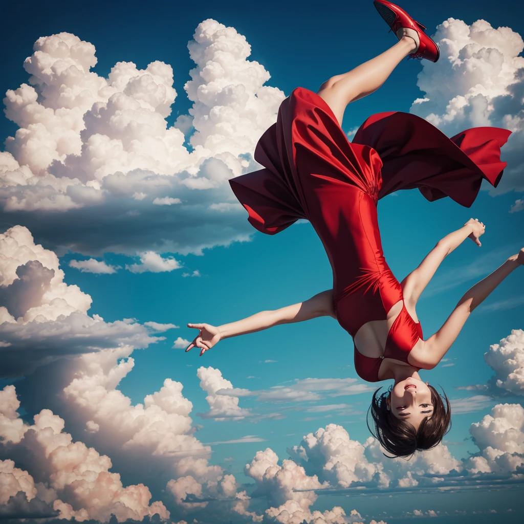 A stylized image of a beautiful woman in a short red dress falling in the middle of the sky with several clouds in the background.