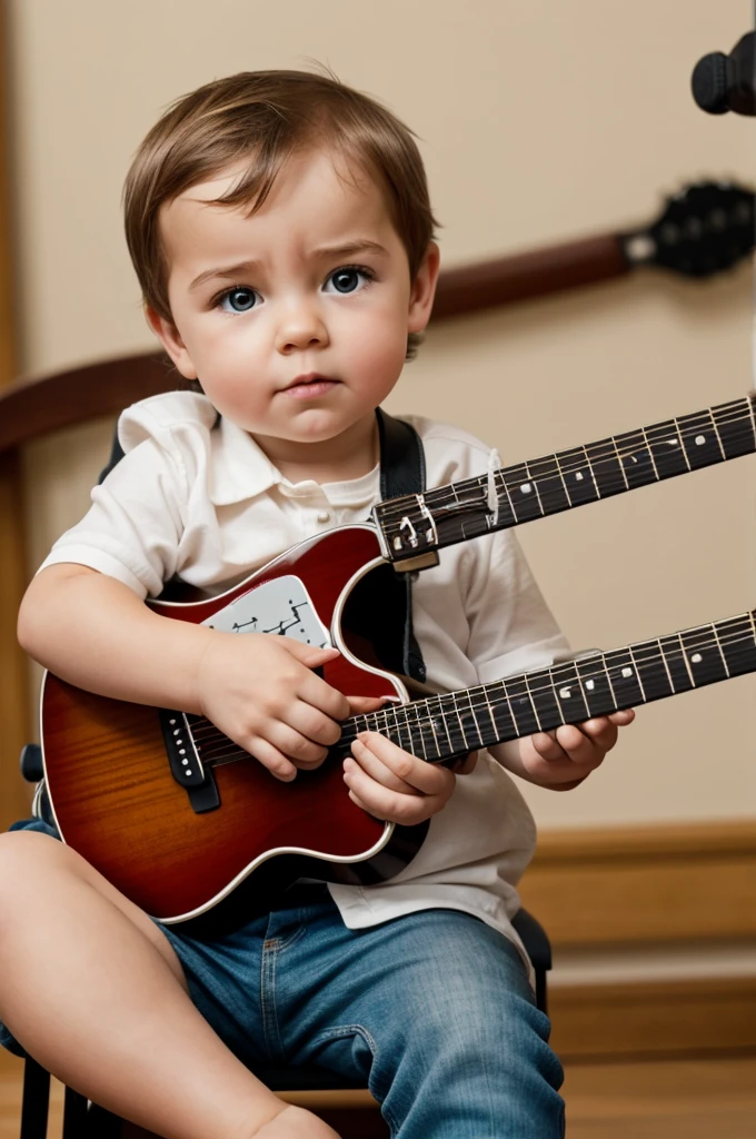 The boss  hand placing the a-minor chord in a guitar