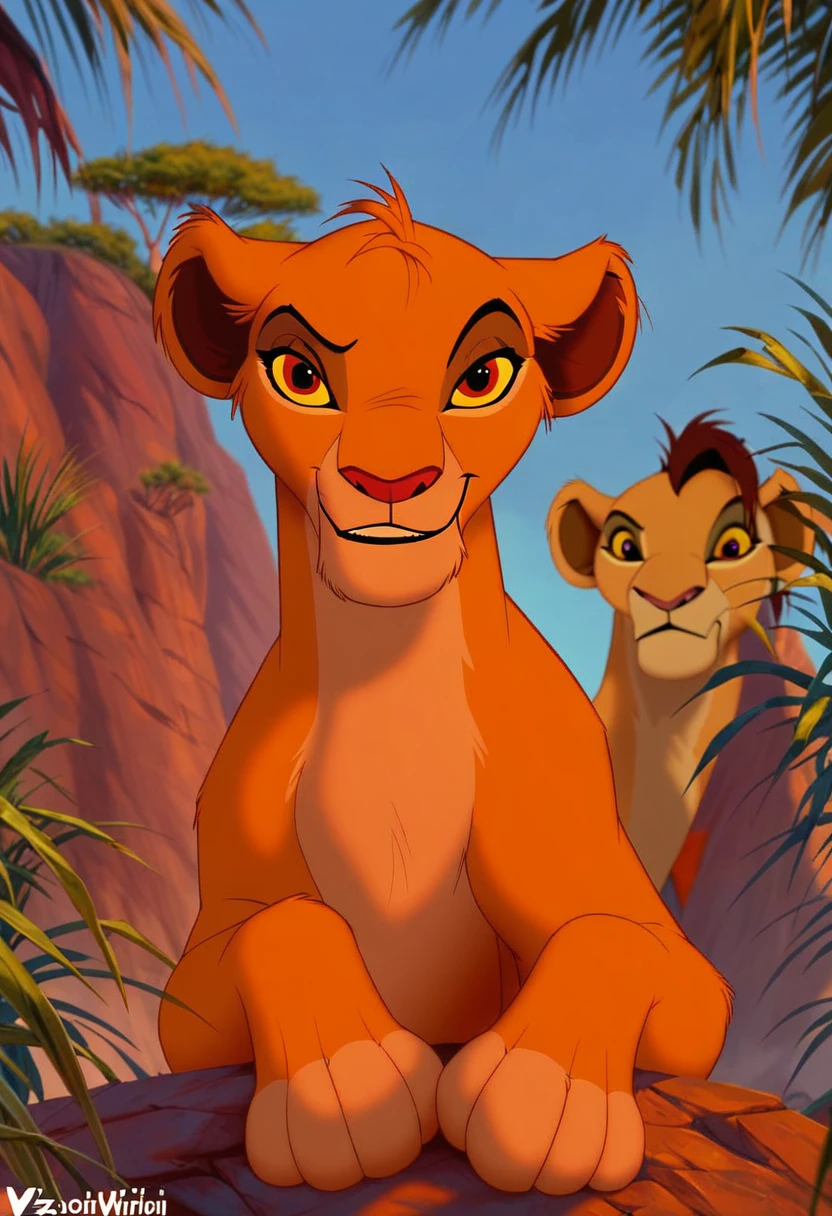 vitani from the lion king, bangs, messy hair, skinny, female, feral, lioness, zPDXL, score_9, score_8_up, score_8, masterpiece, best quality, smirk, looking at viewer