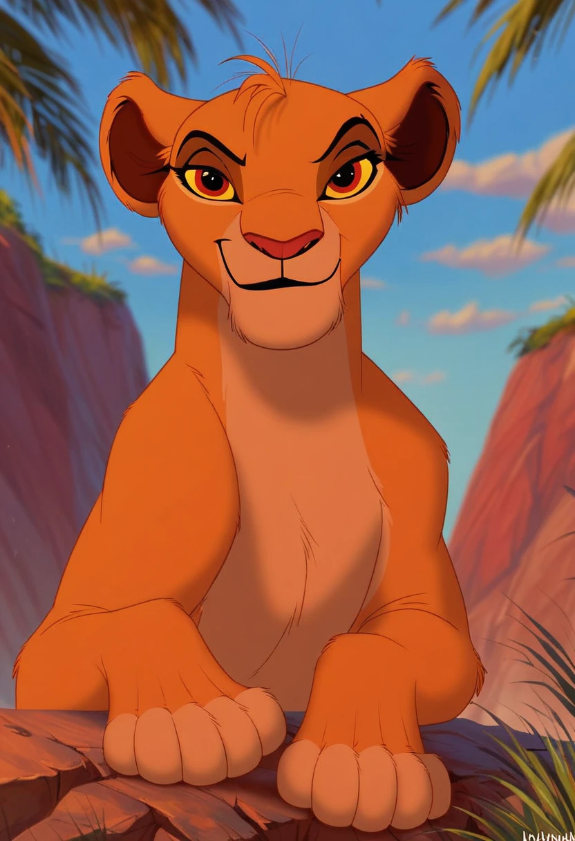 vitani from the lion king, bangs, messy hair, skinny, female, feral, lioness, zPDXL, score_9, score_8_up, score_8, masterpiece, best quality, smirk, looking at viewer