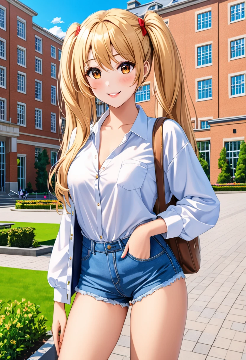 Masterpiece, The best quality, highres, 8k, vivid colors, Photography, A beautiful 25 year old university student, angelic face, a mole on the face, tremendously provocative body, green short, twin tails, (red hair), brown eyes, Very long hair, playful pose, the background is a university campus, High contrast