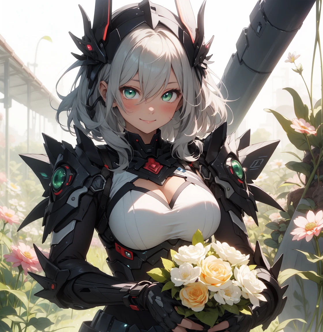 Be realistic，（masterpiece，Highest quality，Highest quality，Very detailed，Fractal Art，Most detailed，triple D cup breasts,（Flower field background：1.5）（1 Girl），Kamimei，（Hair length），（Green eyes glow、your breasts will grow，Stunned)，crystallization，sexy、Machinery Armor、Sunburned skin、（Holding a bouquet of flowers in both hands:1.3）、break, (Holding a bouquet:1.3),(mini skirt)、A kind smile