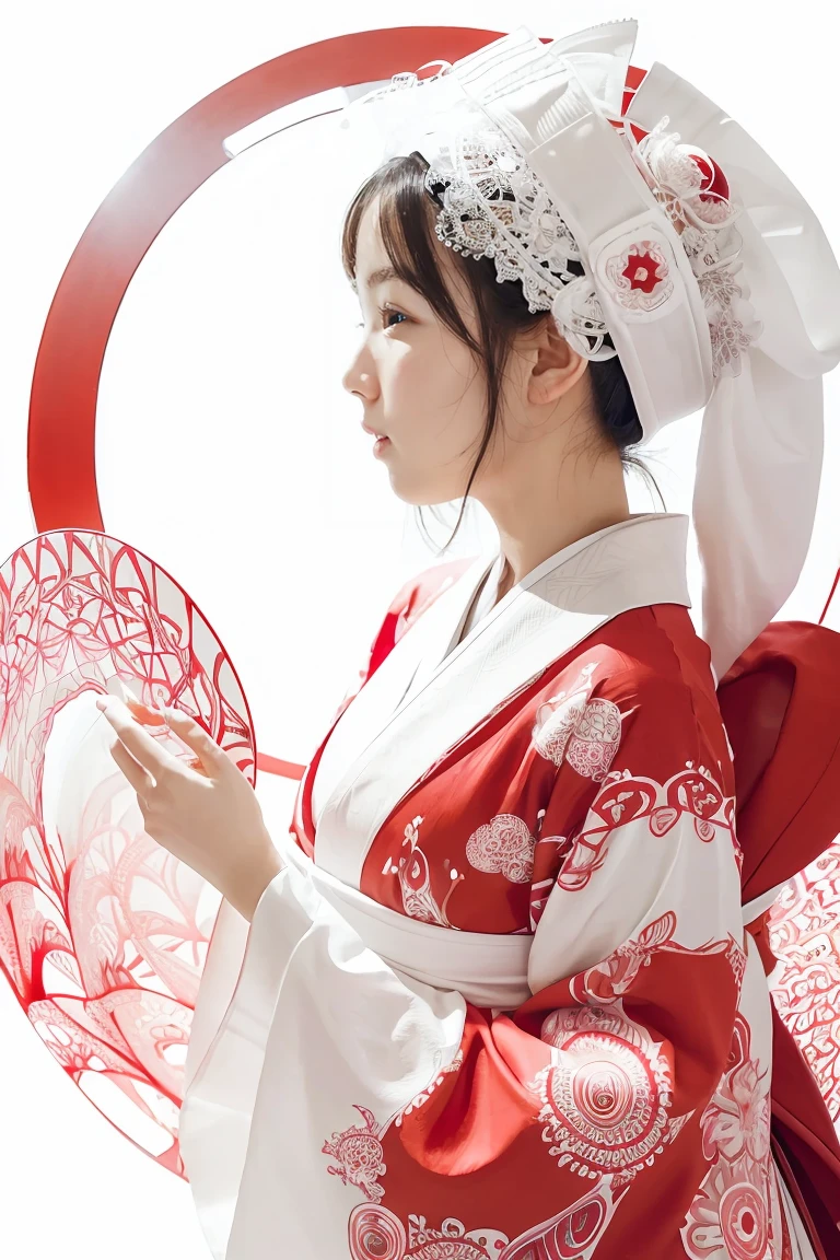 (((white background、White world)))、14 years、unity 8k wallpaper、super detailed、beautiful beautiful、masterpiece、highest quality、(tangleた、mandala、tangle、tangle)、(fractal art:1.3)、one girl、beautiful black hair、Japanese、Big pink、red kimono、Japanese clothing、very detailed、dynamic angle、cowboy shot、The most beautiful things form chaos、elegant、brutal design、Bright colors、romance、atmosphere、ecstasy notes、Streaming music notes are displayed、(((white background、pure white background、Red circle)))