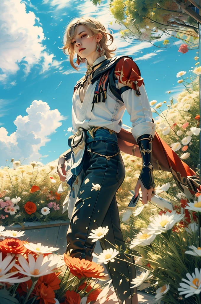 1 adult male solo, blond hair, red eyes, kaveh genshin impact, white top, red and black embroidered details, golden accessories, dark pants, fingerless gloves, feather hair ornament, shiny eyes (masterpiece),((top-quality)),(offcial art),(Beautiful and indulgent:1.2),(1manin:1.3),Detailed drawing。Vibrant colors。colourfull、highestdetailed ((ultra-detailliert)),(Highly detailed 2D illustrations),((Extremely delicate and beautiful))Super Detail,atmosphric perspective,dust particle, iridescent light, water drops on flowers and plants, light summer rain, rainbow light, glowing, surrounded by dark red lily flowers, (((walking on a flower field, many flowers around, blue sky, white clouds)))
