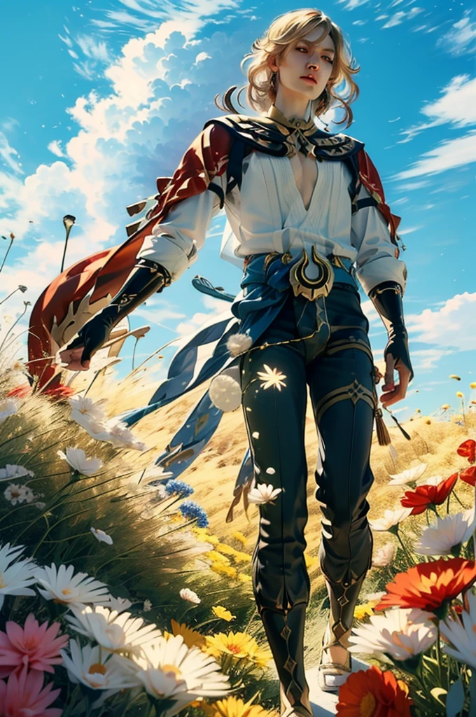 1 adult male solo, blond hair, red eyes, kaveh genshin impact, white top, red and black embroidered details, golden accessories, dark pants, fingerless gloves, feather hair ornament, shiny eyes (​masterpiece),((top-quality)),(offcial art),(Beautiful and indulgent:1.2),(1manin:1.3),Detailed drawing。Vibrant colors。colourfull、highestdetailed ((ultra-detailliert)),(Highly detailed 2D illustrations),((Extremely delicate and beautiful))Super Detail,atmosphric perspective，dust particle, iridescent light, water drops on flowers and plants, light summer rain, rainbow light, glowing, surrounded by dark red lily flowers, (((walking on a flower field, many flowers around, blue sky, white clouds)))